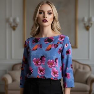 Banana Republic Blue & Pink Floral Blouse | Soft Watercolor Printed Top | S